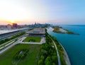 aerial drone view of Chicago metropolis from the lake during sunset Royalty Free Stock Photo