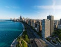 aerial drone view of Chicago metropolis from the lake during sunset Royalty Free Stock Photo