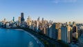 aerial drone view of Chicago metropolis from the lake during sunset Royalty Free Stock Photo