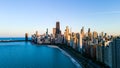 aerial drone view of Chicago metropolis from the lake during sunset Royalty Free Stock Photo