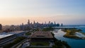 aerial drone view of Chicago metropolis from the lake during sunset. Royalty Free Stock Photo