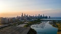 aerial drone view of Chicago metropolis from the lake during sunset. Royalty Free Stock Photo