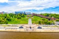 Aerial drone view of Chkalov ladder or Volzhskaya staircase in Nizhny Novgorod, which connects the Upper Volga and the Lower Volga