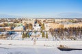 Aerial drone view of Church of three confessors with Volga river in Tver, Russia. Russian winter landscape