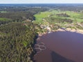 Aerial drone view of circle sea fish farm cages and round fishing nets, farming salmon, trout and cod, feeding the fish a forage, Royalty Free Stock Photo