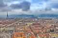 Aerial drone view of the city downtown under cloudy sky Turin Italy
