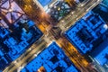 Aerial drone view on city intersection during winter night Royalty Free Stock Photo