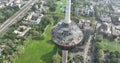 Aerial drone view on the Colonius telecommunications tower in Cologne, Germany. Icon of the skyline.