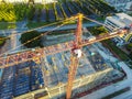 High above looking down on aerial drone view of Construction crane building new skyscrapers in Austin Texas Royalty Free Stock Photo