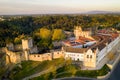 Aerial drone view of Convento de cristo christ convent in Tomar at sunrise, Portugal