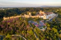 Aerial drone view of Convento de cristo christ convent in Tomar at sunrise, Portugal