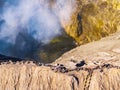 Aerial drone view creater of Bromo volcano with crowd, Indonesia Royalty Free Stock Photo
