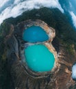 Aerial Drone view of Danau volcano Kelimutu in Ende, Flores island. Sunrise. Colorful crater lake. East Nusa Tenggara Royalty Free Stock Photo