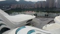 Drone view of dancing fountains light show near famous Meixihu International Culture and Arts Centre