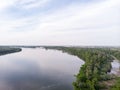 Aerial Drone view of Danube river and blue sky. Beautiful amazing landscape image of Danube river. Royalty Free Stock Photo