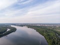 Aerial Drone view of Danube river and blue sky. Beautiful amazing landscape image of Danube river. Royalty Free Stock Photo