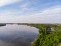 Aerial Drone view of Danube river and blue sky. Beautiful amazing landscape image of Danube river. Royalty Free Stock Photo