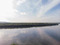 Aerial Drone view of Danube river and blue sky. Beautiful amazing landscape image of Danube river. Royalty Free Stock Photo