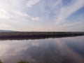 Aerial Drone view of Danube river and blue sky. Beautiful amazing landscape image of Danube river. Royalty Free Stock Photo