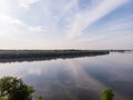 Aerial Drone view of Danube river and blue sky. Beautiful amazing landscape image of Danube river. Royalty Free Stock Photo