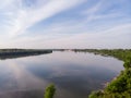 Aerial Drone view of Danube river and blue sky. Beautiful amazing landscape image of Danube river. Royalty Free Stock Photo