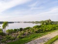 Aerial Drone view of Danube river and blue sky. Beautiful amazing landscape image of Danube river. Royalty Free Stock Photo