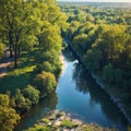 Aerial drone view of Dnieper and Dniester river near Kyiv, green islands from above, nature river landscape in spring,