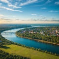 Aerial drone view of Dnieper and Dniester river near Kyiv, green islands from above, nature river landscape in spring,