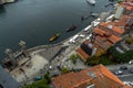 Aerial drone view of the Douro River and the Porto promenade with the Rabelas, classic boats for the tourist routes of the 6 Royalty Free Stock Photo