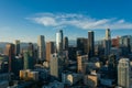 Aerial, drone view of downtown of the city of Los Angeles during sunset Royalty Free Stock Photo