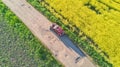 Aerial drone view of family car in canola rapeseed yellow field from above, family country travel