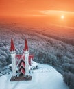 Aerial drone view of famous landmark of Ufa and Bashkiria - Lala Tulip mosque during sunset in winter season. Islamic religion Royalty Free Stock Photo