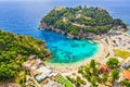 Aerial drone view of famous Paleokastritsa beach resort on Corfu island, Greece Royalty Free Stock Photo