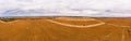 Aerial drone view of farmland. Combines work in the agricultural lands, harvesting. 180 degrees panoramic landscape