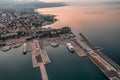 Aerial drone view of ferry port by Split old town before sunrise in morning in Croatia Royalty Free Stock Photo