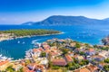 Aerial drone view of Fiscardo village port with luxury boats and yachts on Kefalonia island, Greece Royalty Free Stock Photo