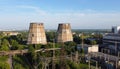 Aerial drone view flight near thermal power plant. Cooling towers of CHP Royalty Free Stock Photo