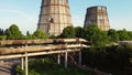 Aerial drone view flight near thermal power plant. Cooling towers of CHP Royalty Free Stock Photo