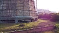 Aerial drone view flight near thermal power plant. Cooling towers of CHP Royalty Free Stock Photo