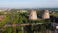 Aerial drone view flight near thermal power plant. Cooling towers of CHP Royalty Free Stock Photo