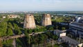 Aerial drone view flight near thermal power plant. Cooling towers of CHP Royalty Free Stock Photo