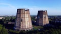Aerial drone view flight near thermal power plant. Cooling towers of CHP Royalty Free Stock Photo