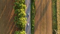 Aerial drone view flight over asphalt road with green trees between wheat fields Royalty Free Stock Photo