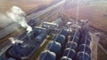 Aerial Drone View Flight Over complex of grain elevator buildings. Royalty Free Stock Photo