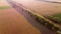 Aerial drone view flight over fields with different growing