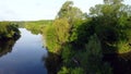 Aerial Drone View Flight Over Mirror Smooth Surface Of River And Trees