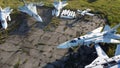 Aerial drone view flight over old rusty broken plane aircraft. Royalty Free Stock Photo