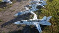 Aerial drone view flight over old rusty broken plane aircraft. Royalty Free Stock Photo