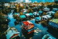 Aerial drone view of flooded homes during flood event - AI Generated