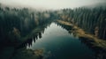 Aerial drone view of foggy forest with small lake in the middle Royalty Free Stock Photo